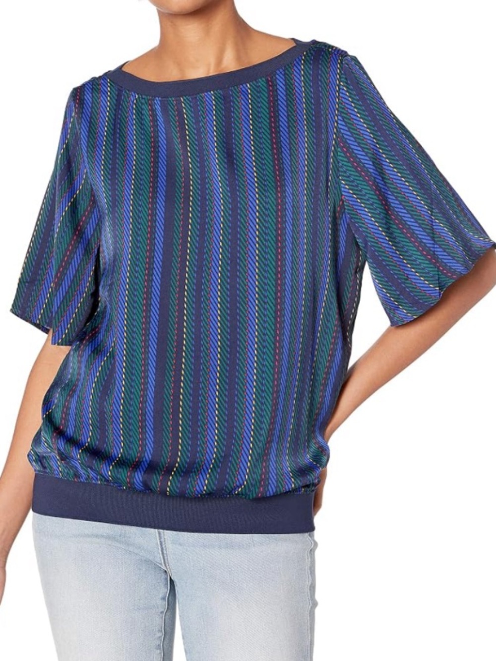 Tommy Hilfiger Navy Blue Striped Bell Short-Sleeve Blouse XS